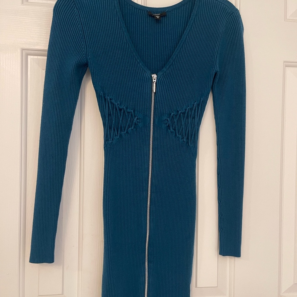 Teal Long Sleeve Zipper Dress